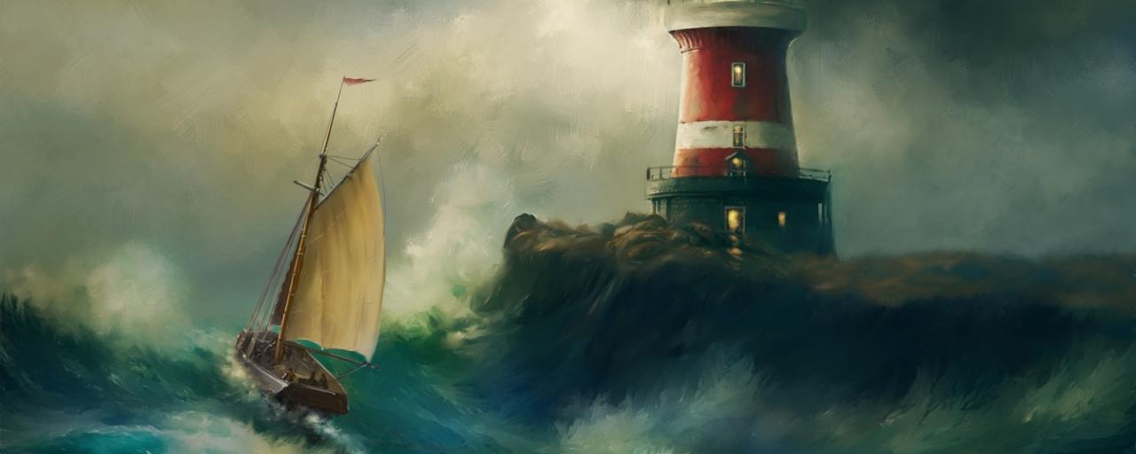 Lighthouse and boat in stormy seas