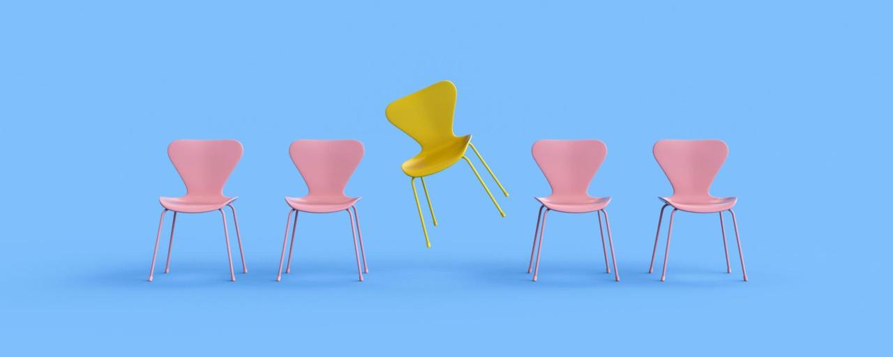 five chairs in a row with one chair askew