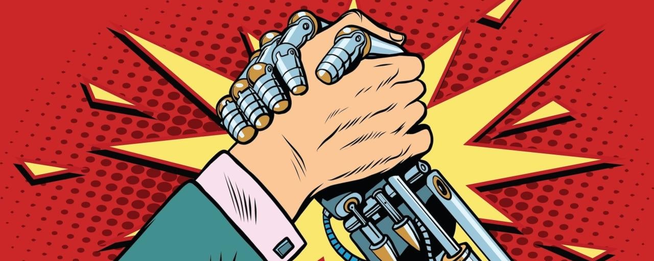 pop art of human arm wrestling robot arm